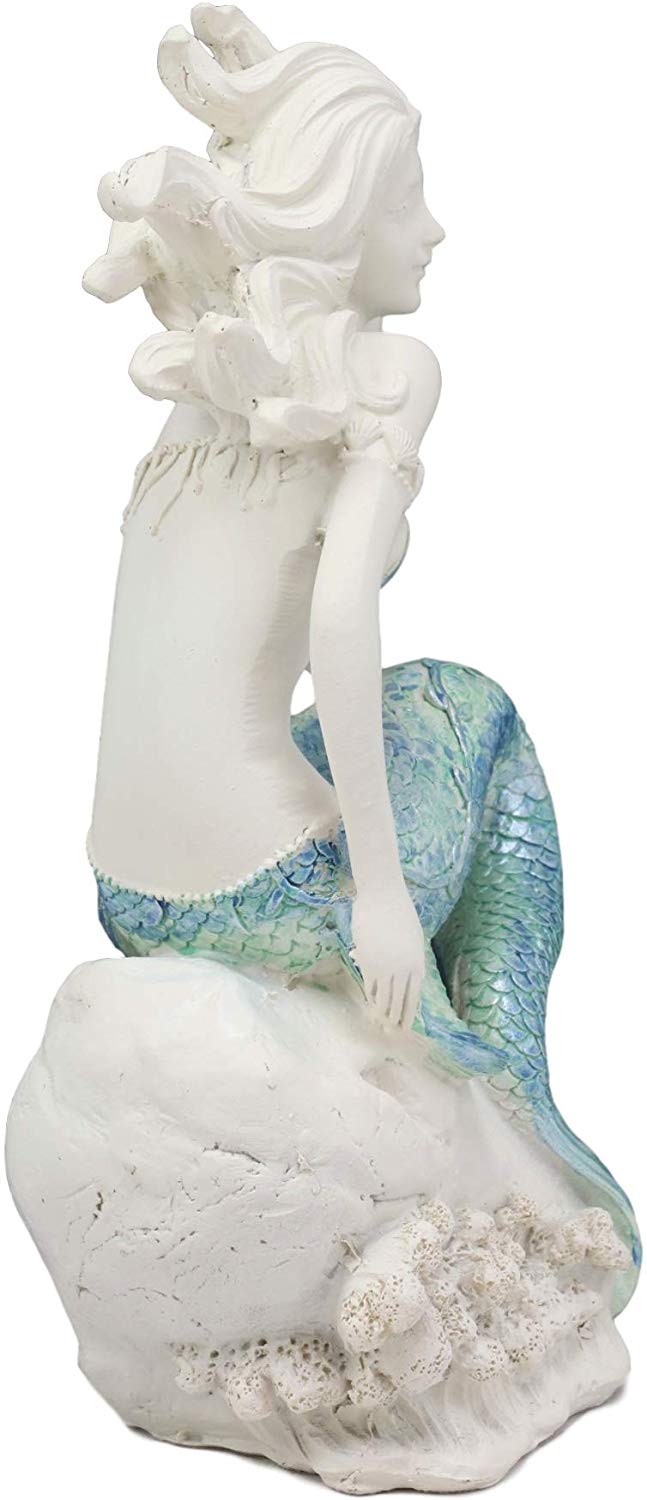 Ebros Gift Ebros 8"H Nautical Blue Tailed Mermaid Seated On Rock Listening To Conch Statue