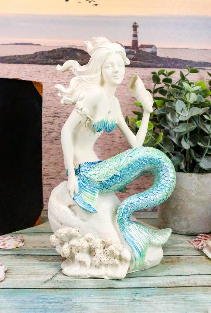 ebros gift Ebros 8"H Nautical Blue Tailed Mermaid Seated On Rock Listening To Conch Statue