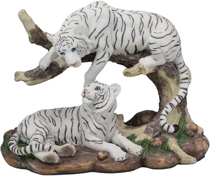Ebros Gift Ebros 9.25" Wide Albino Bengal White Tiger Couple Playing By Curved Tree Branch Statue As Predator Forest Tigers Giant Cats Jungle Frolic Decorative Figurine Perfect For Shelves Desktops Accent