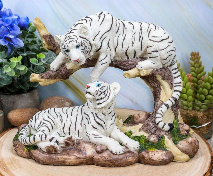ebros gift Ebros 9.25" Wide Albino Bengal White Tiger Couple Playing by Curved Tree Branch Statue As Predator Forest Tigers Giant Cats Jungle Frolic Decorative Figurine Perfect for Shelves Desktops Accent