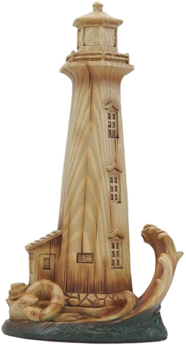 Ebros Gift Ebros 9"H Nautical Lighthouse With Life Ring Buoy And Crashing Ocean Wave Statue