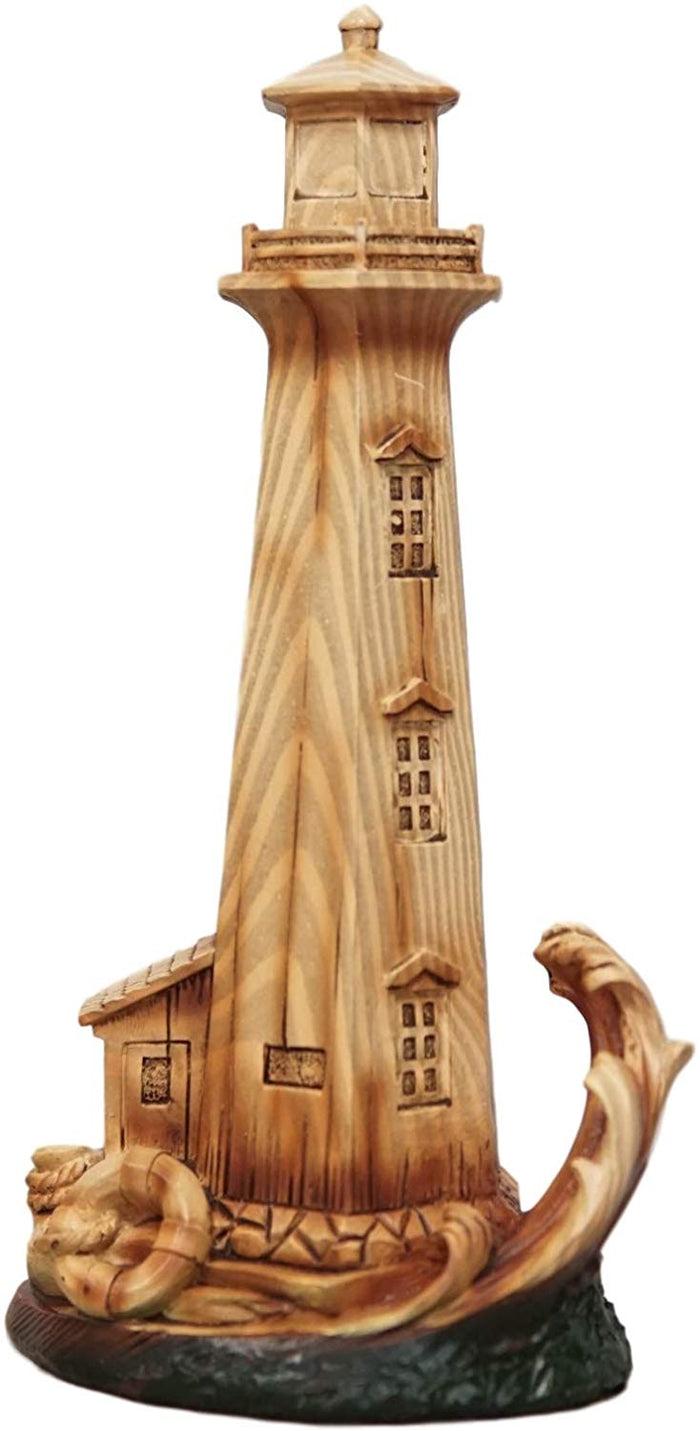 Ebros Gift Ebros 9"H Nautical Lighthouse With Life Ring Buoy And Crashing Ocean Wave Statue