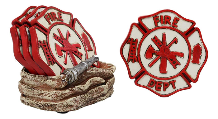 Ebros Gift Ebros 911 Emergency Coiled Fireman Water Hose Coaster Set With 4 Coasters 4"High