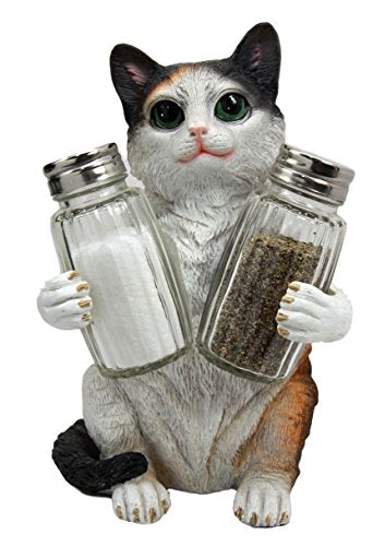 Ebros Gift Ebros Adorable Calico Furry Feline Kitty Cat Salt Pepper Shakers Holder Figurine 8.25" H