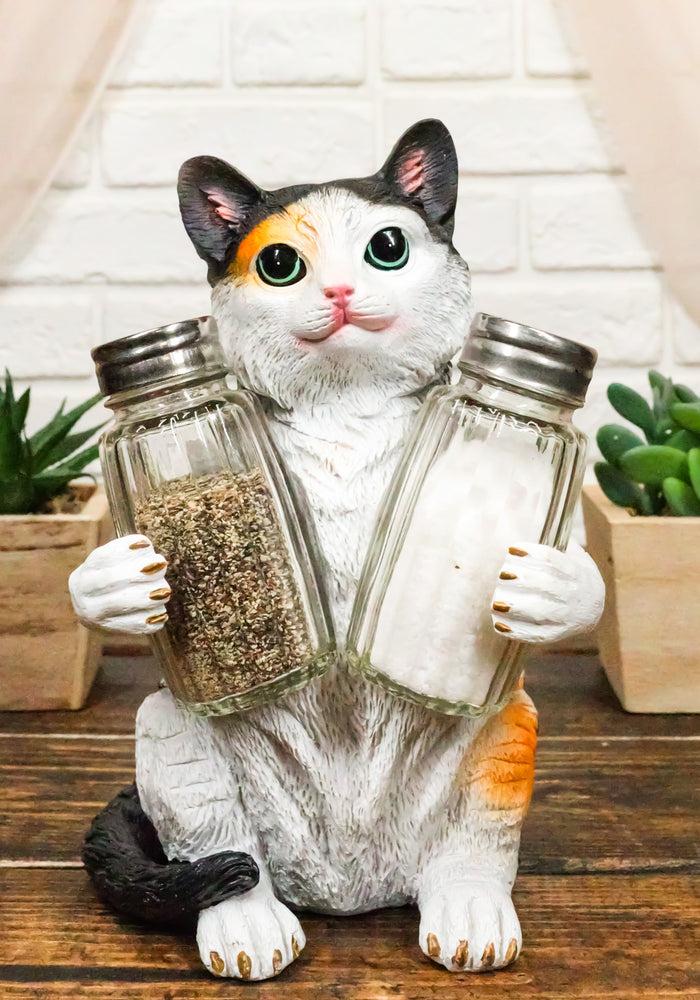 ebros gift Ebros Adorable Calico Furry Feline Kitty Cat Salt Pepper Shakers Holder Figurine 8.25" H