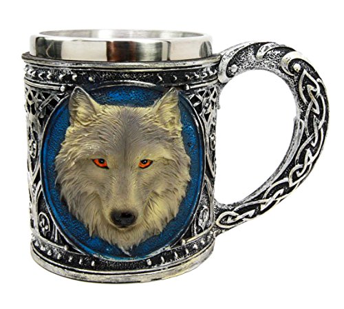 Ebros Gift Ebros Alpha Gray Wolf Celtic Tribal Magic Resin 16oz Mug W/ Stainless Steel Rim