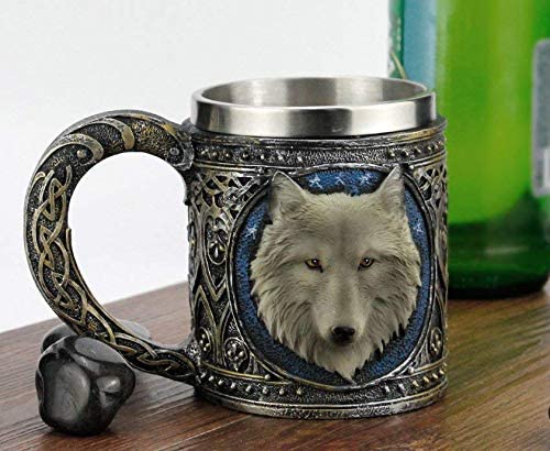 ebros gift Ebros Alpha Gray Wolf Celtic Tribal Magic Resin 16oz Mug w/ Stainless Steel Rim