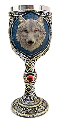 Ebros Gift Ebros Alpha Gray Wolf Celtic Tribal Tattoo Red Crystal Magic Wine Chalice Goblet Cup