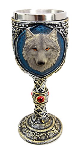 Ebros Gift Ebros Alpha Gray Wolf Celtic Tribal Tattoo Red Crystal Magic Wine Chalice Goblet Cup