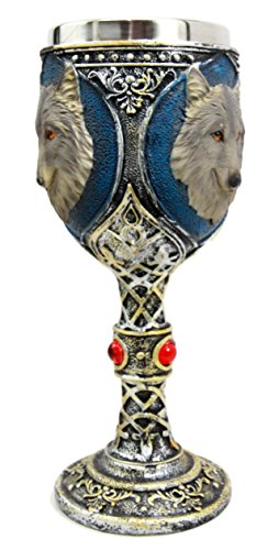 Ebros Gift Ebros Alpha Gray Wolf Celtic Tribal Tattoo Red Crystal Magic Wine Chalice Goblet Cup