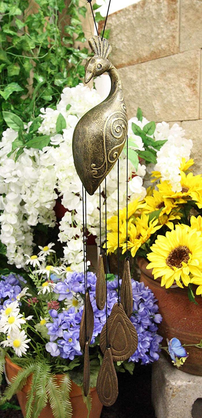 ebros gift Ebros Aluminum and Brass Peacock Bird with Train Feathers Ornaments Wind Chime