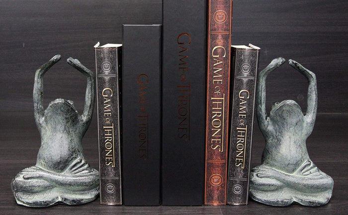 Ebros Gift Ebros Aluminum And Resin Whimsical Yoga Frogs Seated In Mountain Pose Bookends Pair Set Statue 6.75" High Garden Pond Frog Toad Themed Decorative Office Study-Room Library Shelves Desktop Figurines