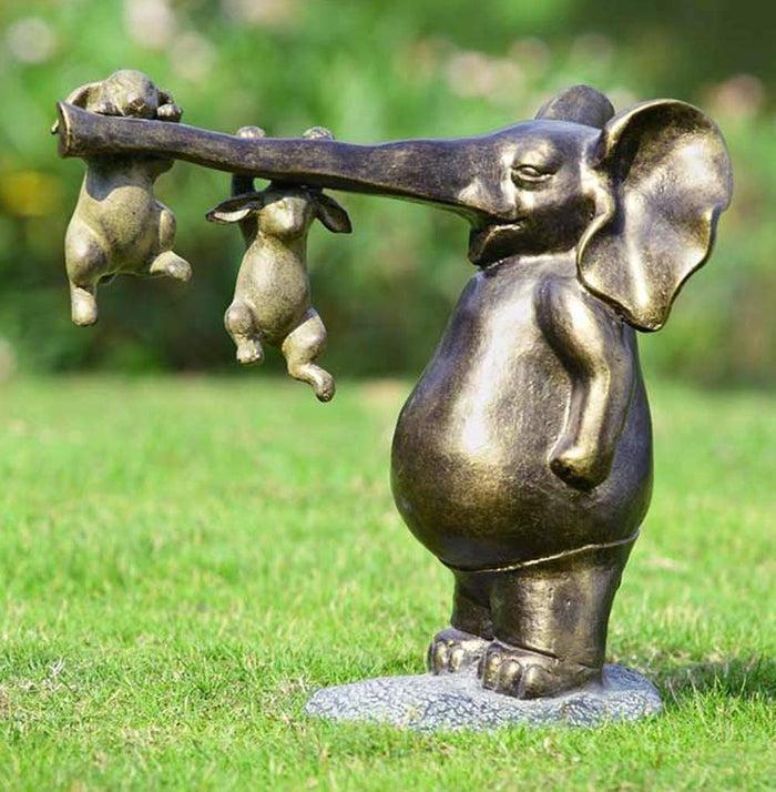 ebros gift Ebros Aluminum Elephant With Two Playful Rabbits Hanging On Its Trunk Statue
