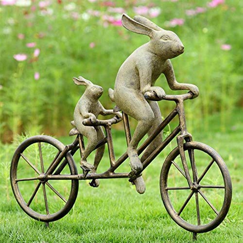 ebros gift Ebros Aluminum Father & Son Rabbits Riding Tandem Bicycle 27"L Garden Statue