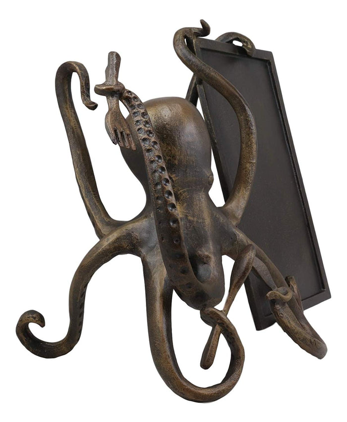 Ebros Gift Ebros Aluminum Nautical Ocean Giant Sea Octopus Chef Holding Cutlery And Menu Board Statue 11.25" Tall Coastal Beach Kraken Home Kitchen And Dining Countertop Table Decor Sculpture