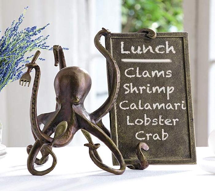 ebros gift Ebros Aluminum Nautical Ocean Giant Sea Octopus Chef Holding Cutlery and Menu Board Statue 11.25" Tall Coastal Beach Kraken Home Kitchen and Dining Countertop Table Decor Sculpture