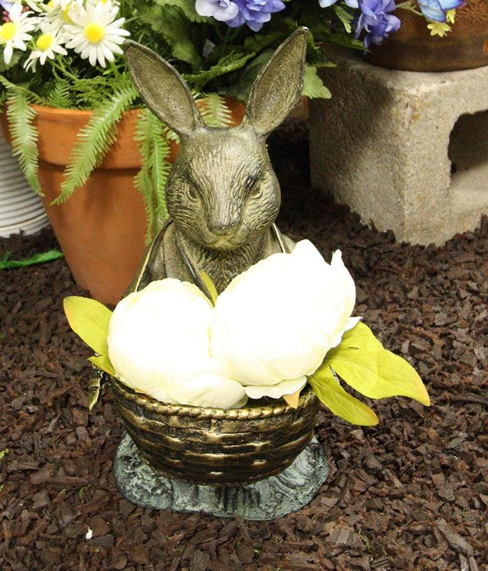 Ebros Gift Ebros Aluminum Rustic Bunny Rabbit Holding Basket Planter Pot Garden Statue 13"H