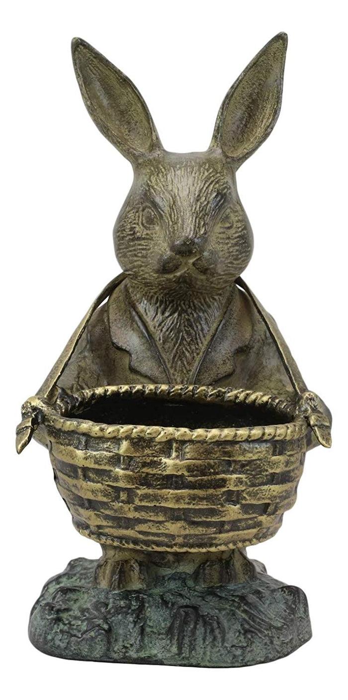 Ebros Gift Ebros Aluminum Rustic Bunny Rabbit Holding Basket Planter Pot Garden Statue 13"H