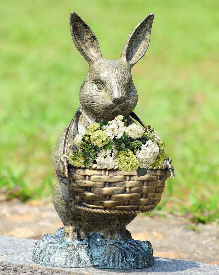ebros gift Ebros Aluminum Rustic Bunny Rabbit Holding Basket Planter Pot Garden Statue 13"H