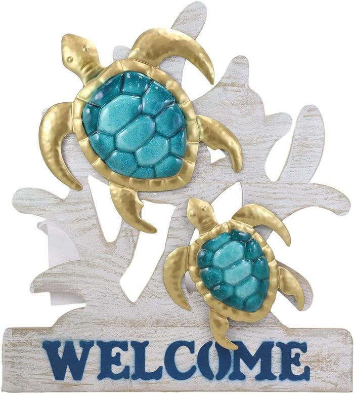 Ebros Gift Ebros Aluminum Sea Turtles With Welcome Sign Hanging Wall Decor Plaque 17.5"Tall