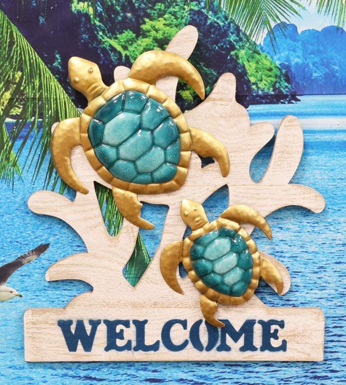 ebros gift Ebros Aluminum Sea Turtles With Welcome Sign Hanging Wall Decor Plaque 17.5"Tall