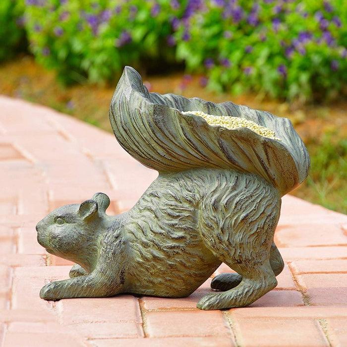 Ebros Gift Ebros Aluminum Squirrel Statue W/ Dish Bowl Tail Garden Bird Feeder Bath 15"L