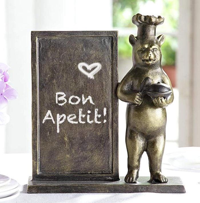 ebros gift Ebros Aluminum Whimsical Black Bear with Chef Hat Standing by A Menu Board Statue 12.5" Tall Rustic Western Cottage Cabin Lodge Bears Home Kitchen and Dining Countertop Table Decor Sculpture