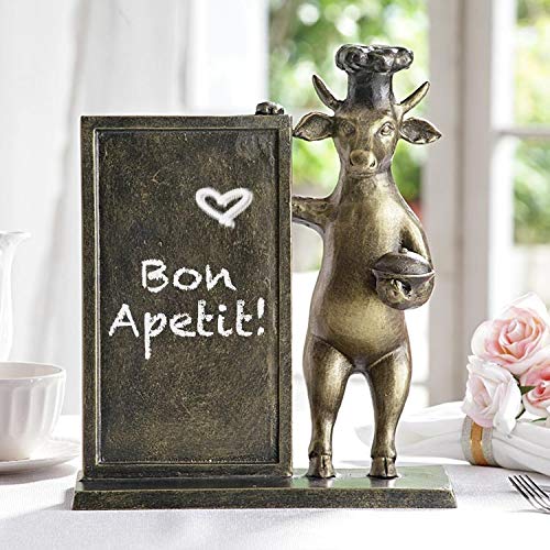 ebros gift Ebros Aluminum Whimsical Wall Street Bull with Chef Hat Standing by A Menu Board Statue 14" Tall Rustic Bulls Cows Home Kitchen and Dining Countertop Table Decor Sculpture