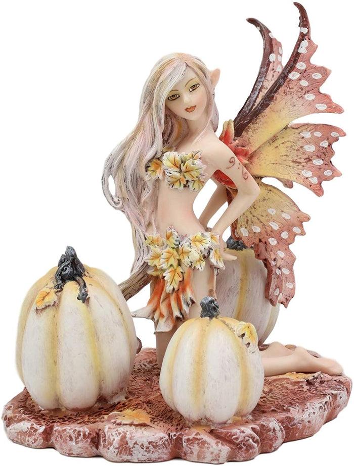 Ebros Gift Ebros Amy Brown Autumn Maple Elf Fairy With White Pumpkins Statue 5" Long