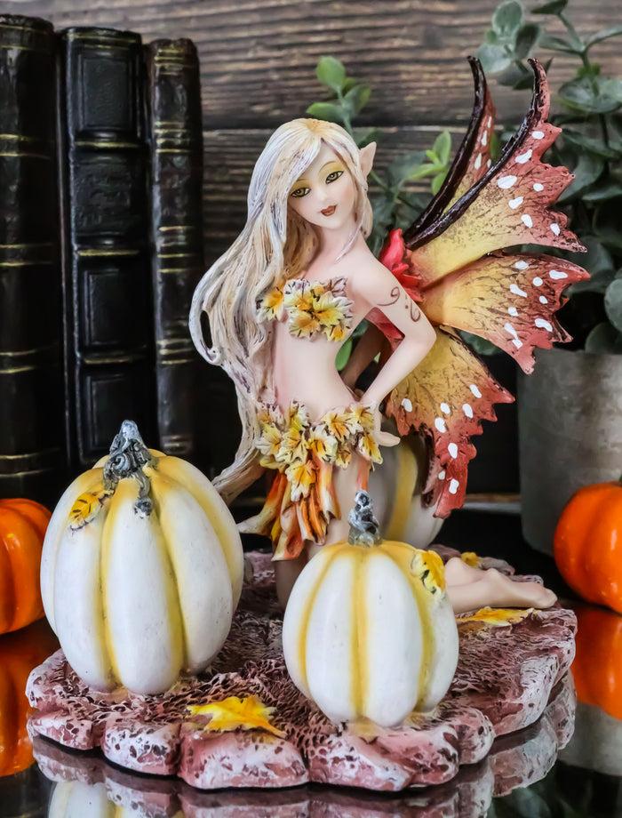 ebros gift Ebros Amy Brown Autumn Maple Elf Fairy with White Pumpkins Statue 5" Long