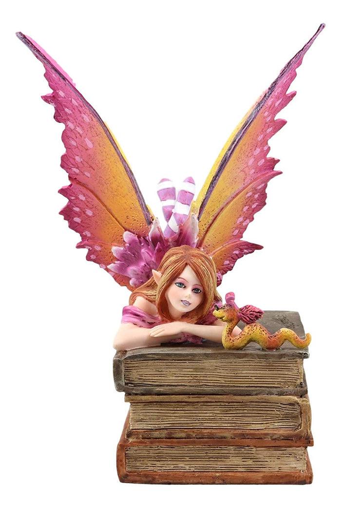 Ebros Gift Ebros Amy Brown Autumn Pink Book Club Fan Fairy With Wyrmling Dragon On A Stack Of Books Statue 7" High Fantasy Mythical Reading Faery FAE Magic Watercolor Collectible Decor Figurine