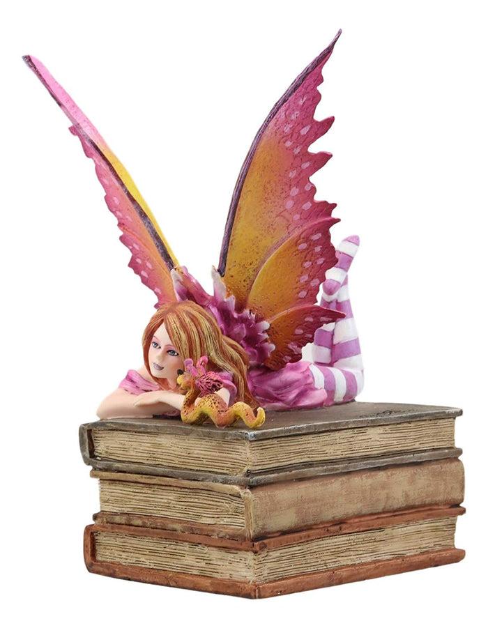 Ebros Gift Ebros Amy Brown Autumn Pink Book Club Fan Fairy With Wyrmling Dragon On A Stack Of Books Statue 7" High Fantasy Mythical Reading Faery FAE Magic Watercolor Collectible Decor Figurine