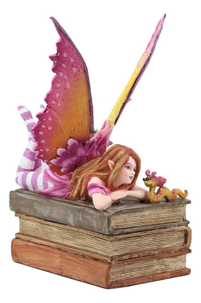 Ebros Gift Ebros Amy Brown Autumn Pink Book Club Fan Fairy With Wyrmling Dragon On A Stack Of Books Statue 7" High Fantasy Mythical Reading Faery FAE Magic Watercolor Collectible Decor Figurine
