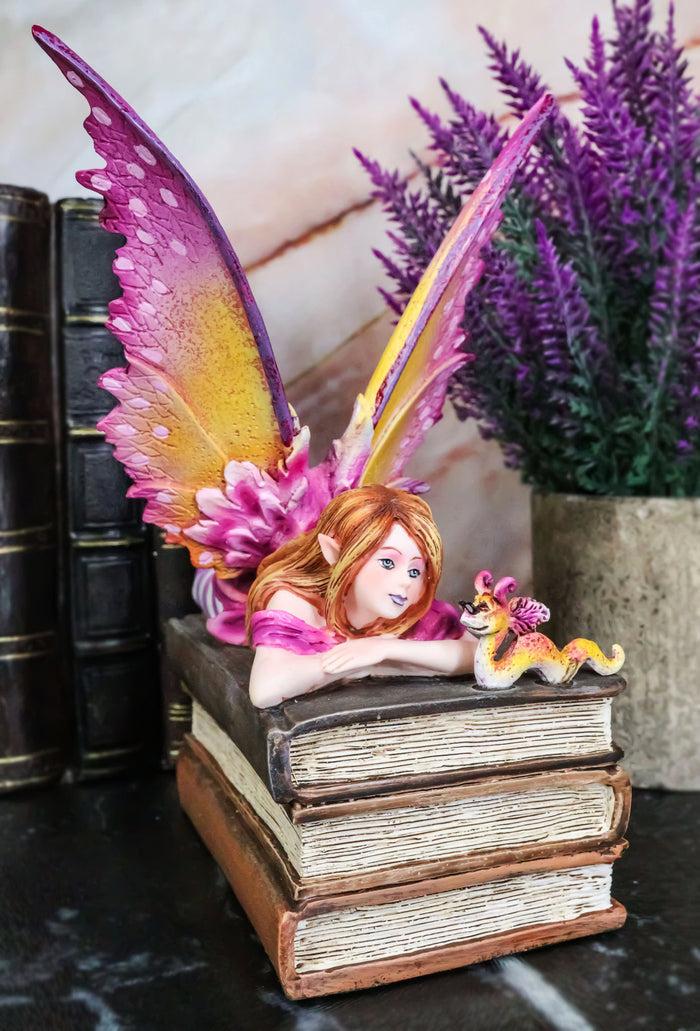 ebros gift Ebros Amy Brown Autumn Pink Book Club Fan Fairy with Wyrmling Dragon On A Stack of Books Statue 7" High Fantasy Mythical Reading Faery FAE Magic Watercolor Collectible Decor Figurine