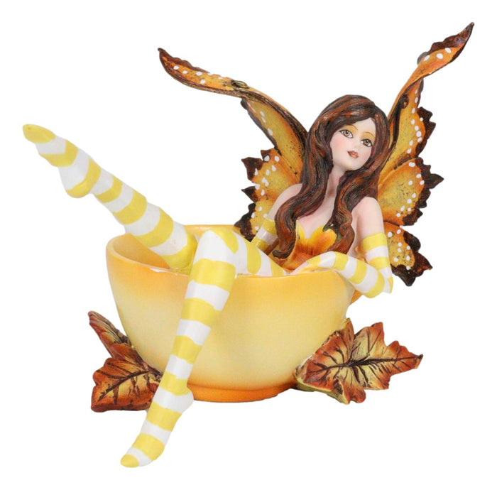 Ebros Gift Ebros Amy Brown Collection Autumn Fall Pumpkin Spice Tea Cup Fairy Figurine Fantasy Decor Statue