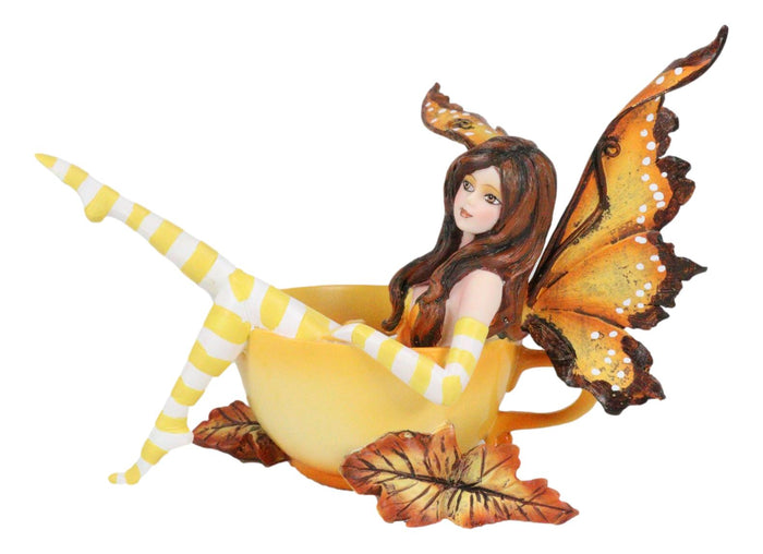 Ebros Gift Ebros Amy Brown Collection Autumn Fall Pumpkin Spice Tea Cup Fairy Figurine Fantasy Decor Statue