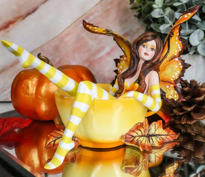 ebros gift Ebros Amy Brown Collection Autumn Fall Pumpkin Spice Tea Cup Fairy Figurine Fantasy Decor Statue