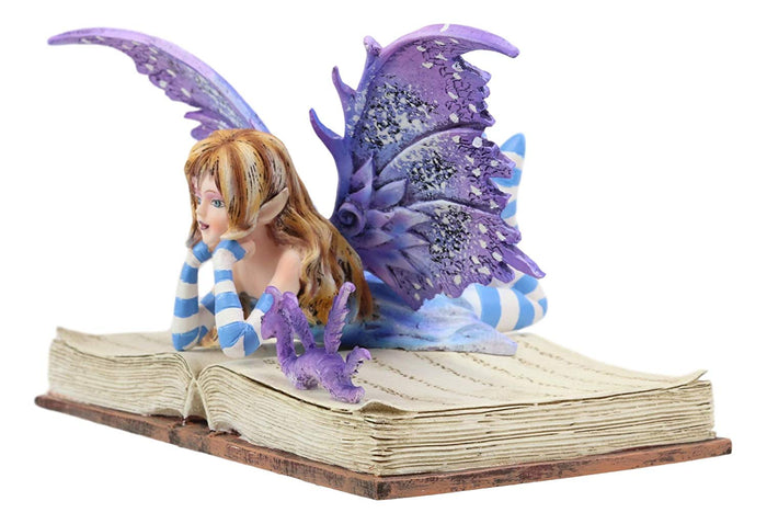 Ebros Gift Ebros Amy Brown Purple Lavender Book Worm Fairy With Pet Dragon Statue 7.25" Long Fantasy Mythical Reading Faery FAE Magic Watercolor Collectible Decor Figurine