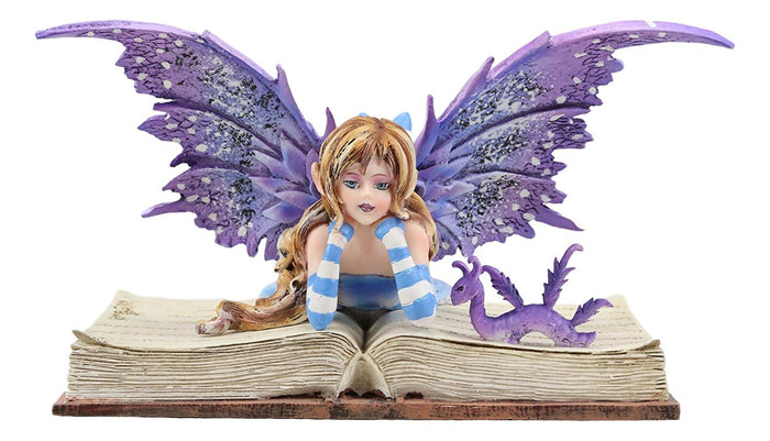 Ebros Gift Ebros Amy Brown Purple Lavender Book Worm Fairy With Pet Dragon Statue 7.25" Long Fantasy Mythical Reading Faery FAE Magic Watercolor Collectible Decor Figurine