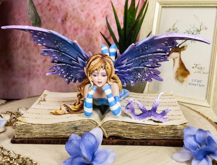 ebros gift Ebros Amy Brown Purple Lavender Book Worm Fairy with Pet Dragon Statue 7.25" Long Fantasy Mythical Reading Faery FAE Magic Watercolor Collectible Decor Figurine