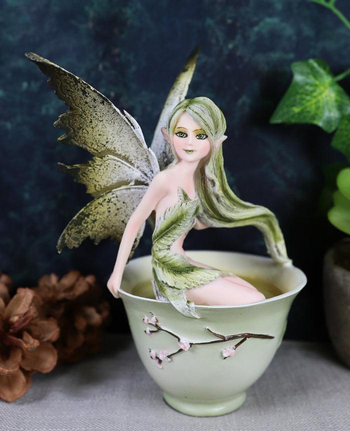 ebros gift Ebros Amy Brown Teacup Matcha Green Tea Fairy In Teacup Figurine Faerie Garden 6"H