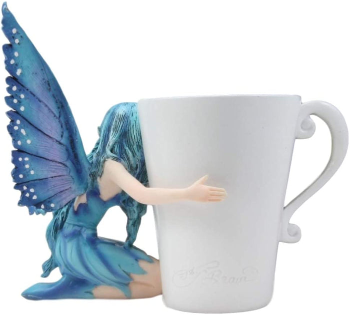 Ebros Gift Ebros Amy Brown Warmth Comfort Blue Fairy Hugging Tea Cup Statue 4.25"H Fantasy