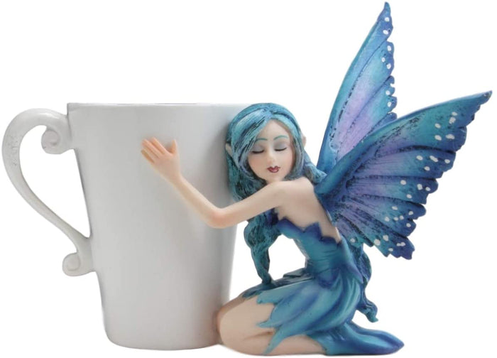 Ebros Gift Ebros Amy Brown Warmth Comfort Blue Fairy Hugging Tea Cup Statue 4.25"H Fantasy