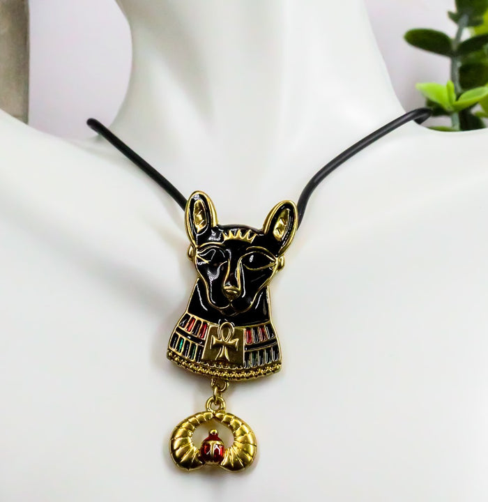 ebros gift Ebros Ancient Egyptian Pewter Alloy Bastet W/ Scarab Medallion Pendant Necklace