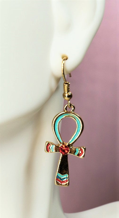 ebros gift Ebros Ancient Egyptian Theme Ankh Pyramid Red Gem Stud Earrings Pair Accessory