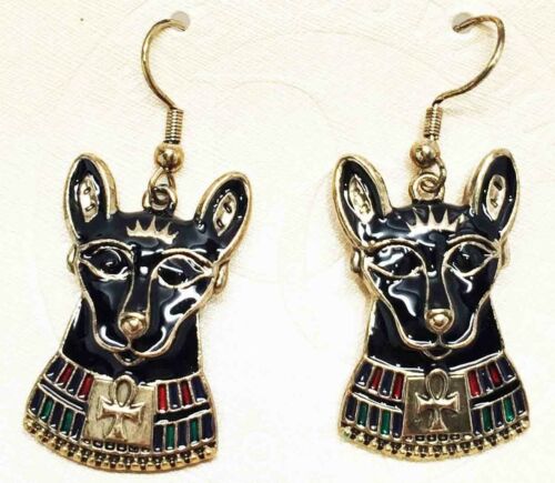 Ebros Gift Ebros Ancient Egyptian Theme Bastet Cat Stud Earrings Black Gold Plated Jewelery