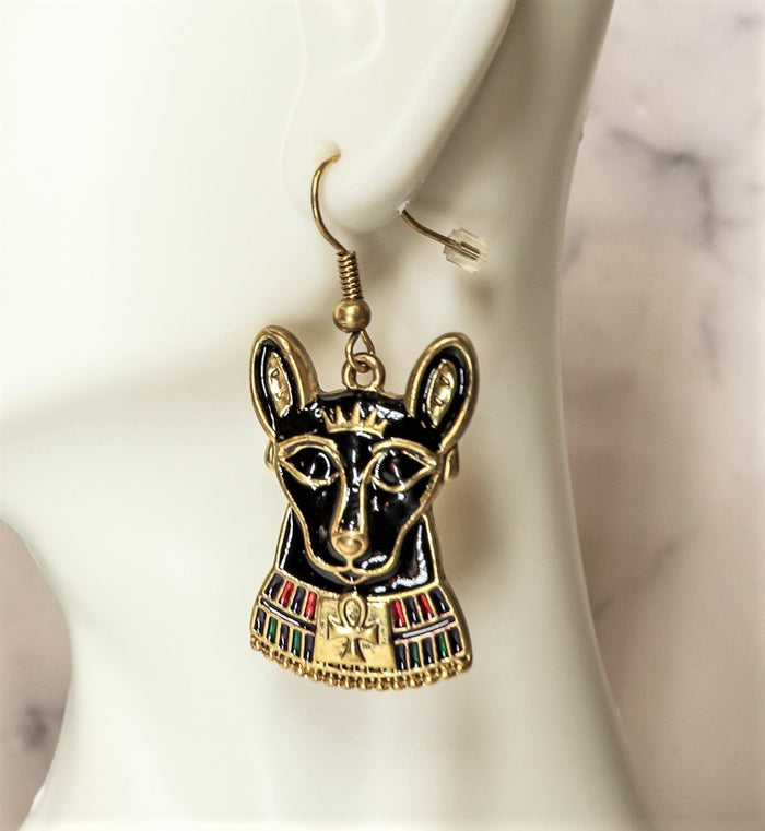 ebros gift Ebros Ancient Egyptian Theme Bastet Cat Stud Earrings Black Gold Plated Jewelery