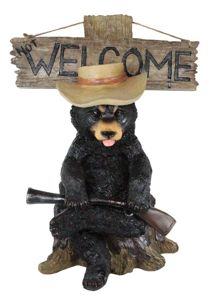 Ebros Gift Ebros Angry Black Bear Holding Rifle 15"H Statue With Welcome Or Go Away Plank Sign