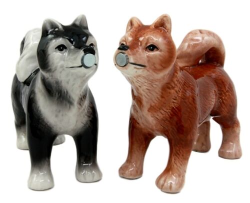 Ebros Animated Dog Siberian Huskies Salt And Pepper Shakers Ceramic Magnetic Figurine Set 4" L Pedigree Dogs Husky Breed Brown And Black Coat Kissing Collectible Figurines Kitchen Decorations