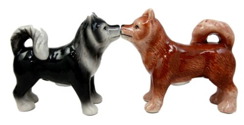 Ebros Animated Dog Siberian Huskies Salt And Pepper Shakers Ceramic Magnetic Figurine Set 4" L Pedigree Dogs Husky Breed Brown And Black Coat Kissing Collectible Figurines Kitchen Decorations